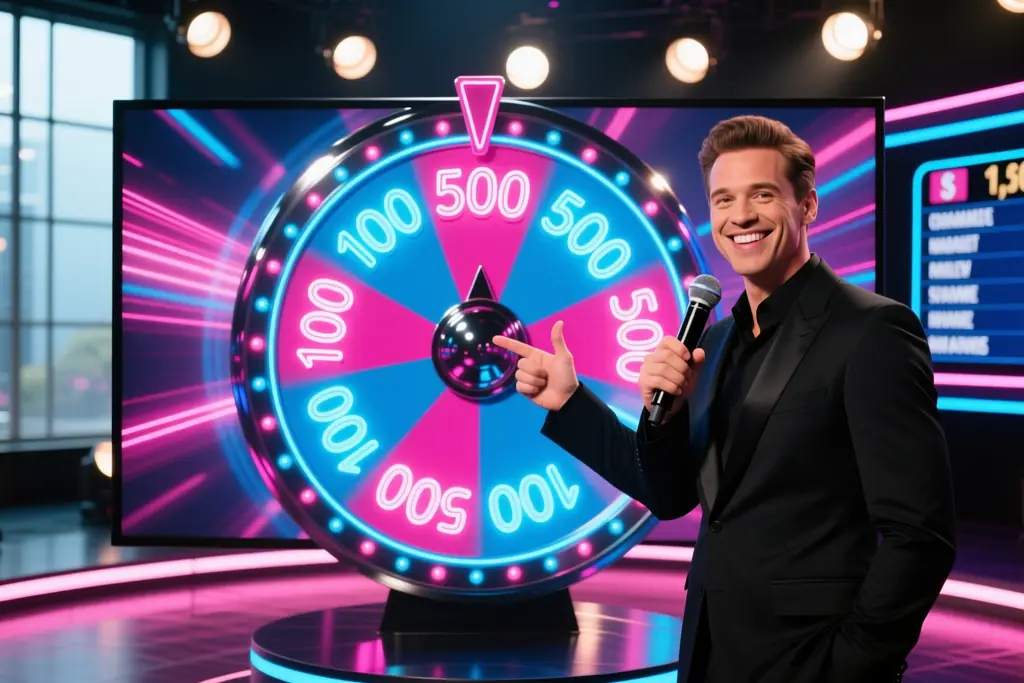 Herní show s kolem a barevnými světly v přímém přenosu