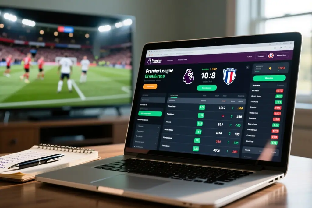 Fotbalový zápas v televizi a kurzová nabídka na notebooku