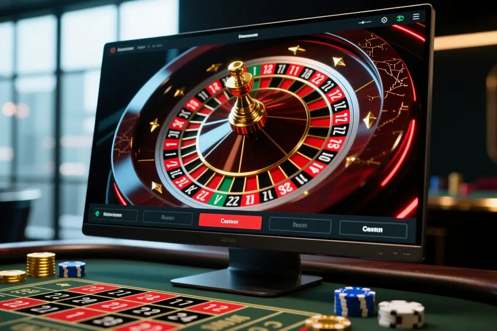 Ruleta a hrací karty na obrazovce počítače